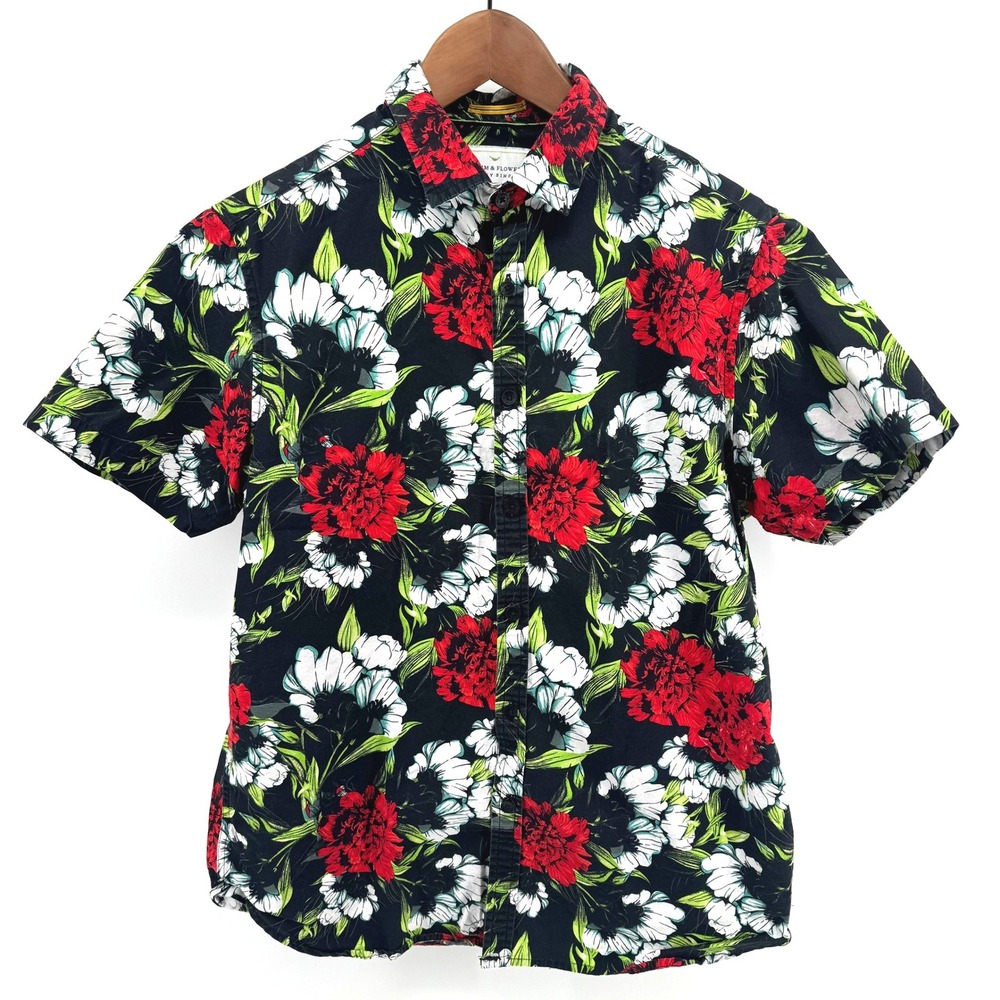 Denim & Flower Mens Medium‎ Slim Fit Short Sleeve Button Down Black Red Floral
